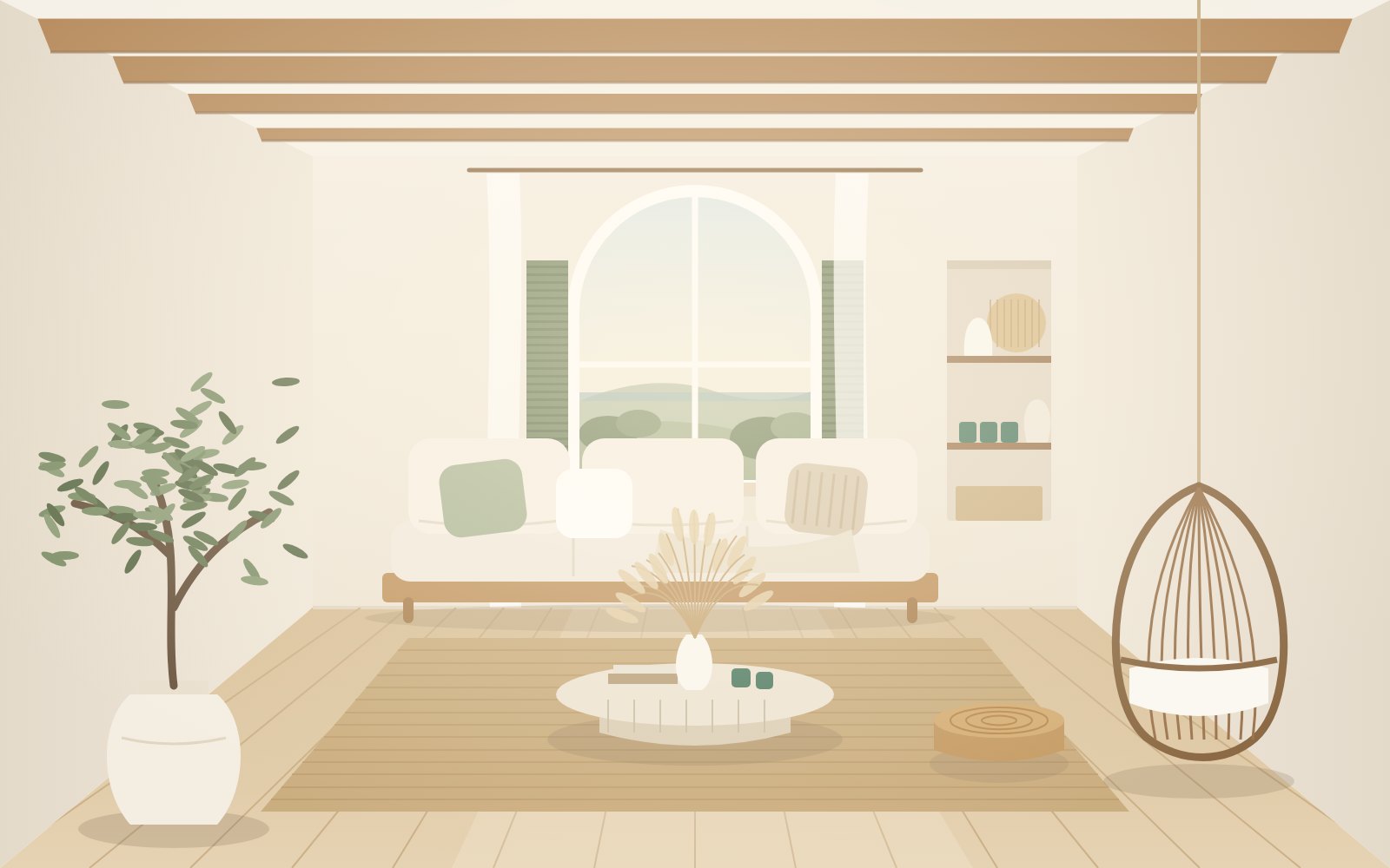 Helles Wohnzimmer mit Leinensofa, Olivenbaum und Rattan-Hängesessel nach der Umgestaltung